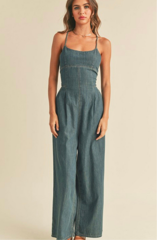 washed denim tie jumpsuit